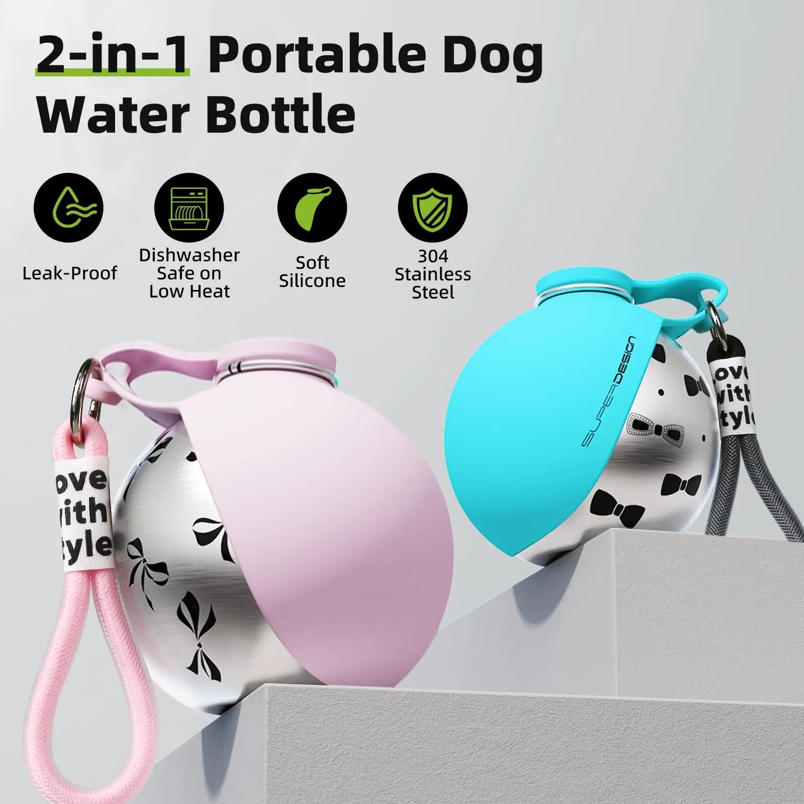 2-in-1 Portable Dog Water Bottle for Small Dogs - Leak-Proof & Compact Dog Travel Water Bottle -Stainless Steel Bottle & Silicon by HARMONYA STORE