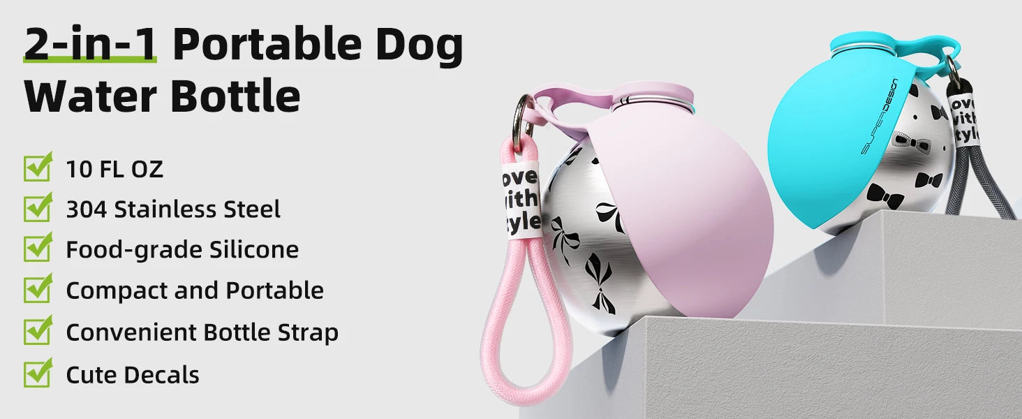 2-in-1 Portable Dog Water Bottle for Small Dogs - Leak-Proof & Compact Dog Travel Water Bottle -Stainless Steel Bottle & Silicon by HARMONYA STORE
