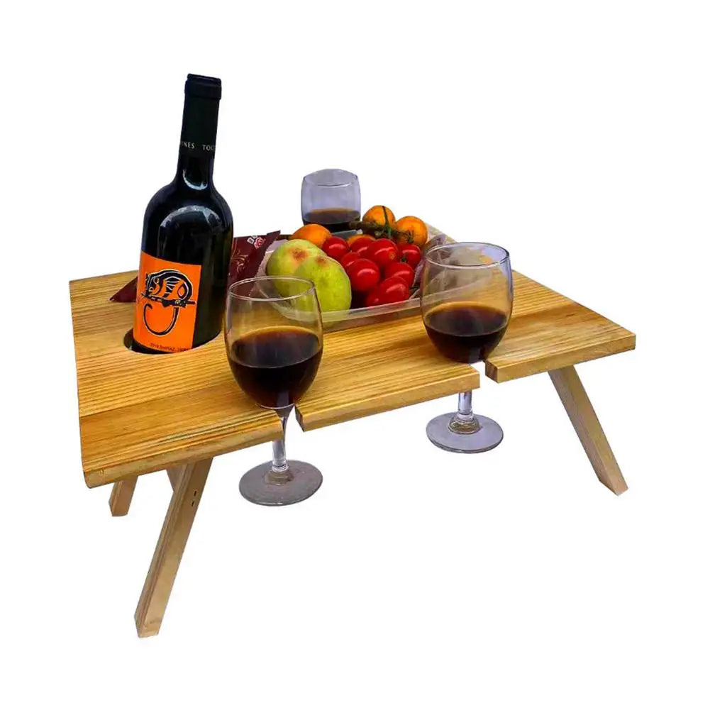 Outdoor Portable Picnic Camping Wooden Table Foldable Camping Desk with Glass Rack Fruit Wine Desk Travel Foldable Fruit Table by HARMONYA STORE