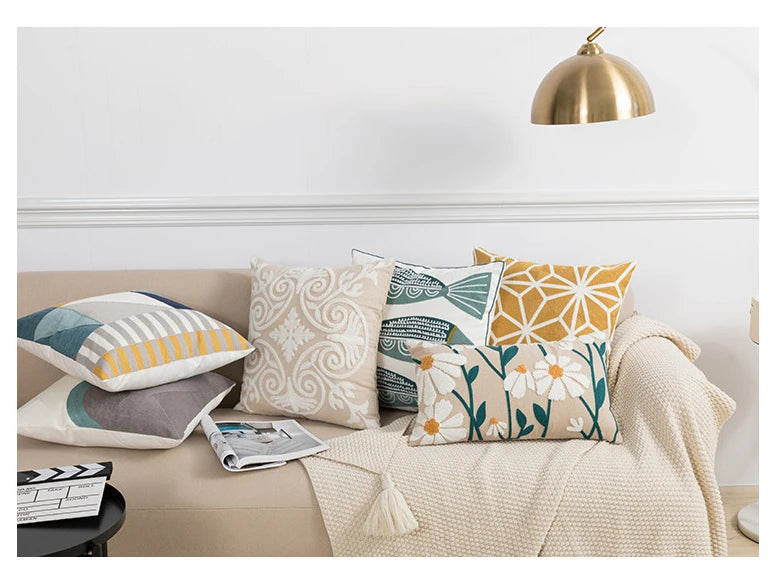 Home Decor Cushion Cover Daisy Floral Geometric 45x45cm/30x50cm Yellow Blue Embroidery Pillow Cover Soft Cozy for living room by HARMONYA STORE