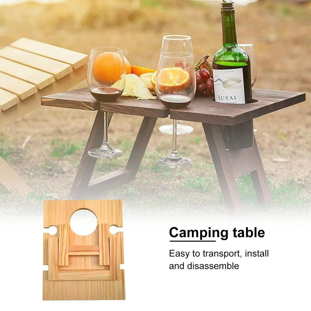 Outdoor Portable Picnic Camping Wooden Table Foldable Camping Desk with Glass Rack Fruit Wine Desk Travel Foldable Fruit Table by HARMONYA STORE