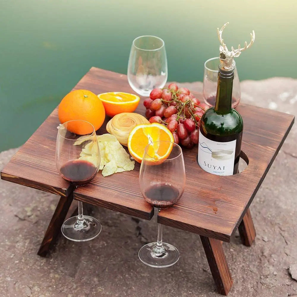 Outdoor Portable Picnic Camping Wooden Table Foldable Camping Desk with Glass Rack Fruit Wine Desk Travel Foldable Fruit Table by HARMONYA STORE