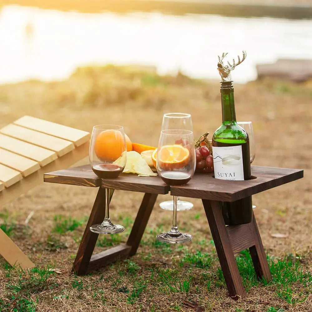 Outdoor Portable Picnic Camping Wooden Table Foldable Camping Desk with Glass Rack Fruit Wine Desk Travel Foldable Fruit Table by HARMONYA STORE