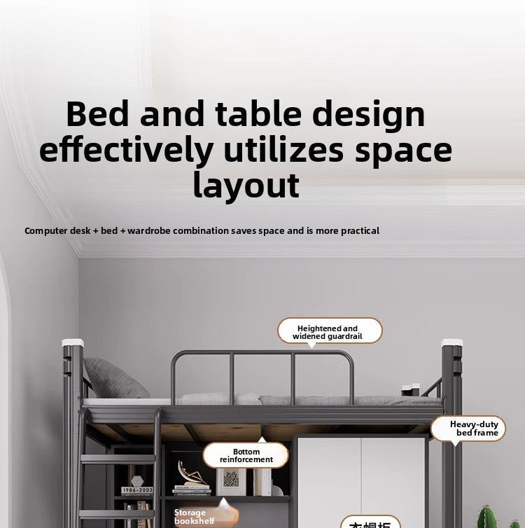 Upper Bed Lower Table Combined Bed College Dormitory Elevated Bed Small Apartment Household Wrought Iron Bed Apartment Bed by HARMONYA STORE