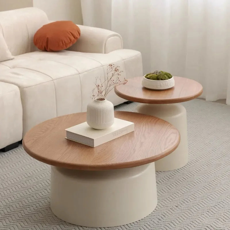 Table Wood Modern Minimalist Round Edge Design Curved White Base Creamy Milk Tea Small Space coffee tables luxury coffee table by HARMONYA STORE