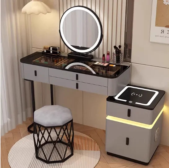 Modern Minimalist Dressing Table Woman Makeup Desk Bedroom Wireless Charging Bedside Table Mirror Stool Comfortable Furniture by HARMONYA STORE