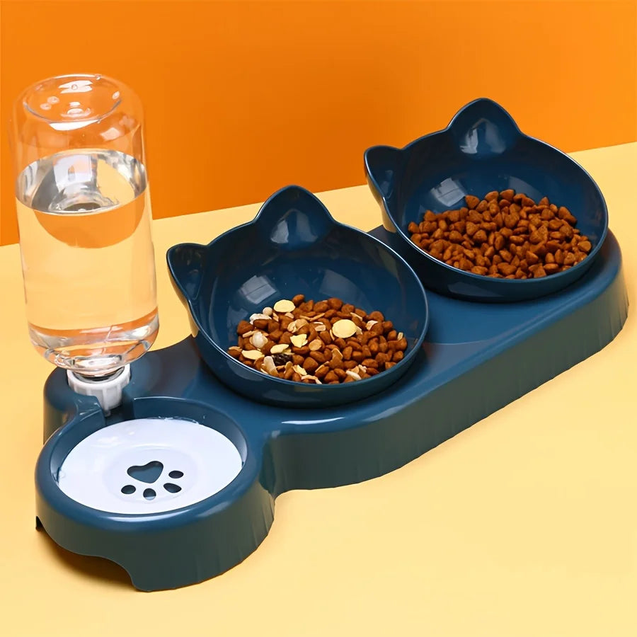Pet Bowls With Water Feeder, 3 In 1 Ear Design Tilted Cat Water And Food Bowl Set With Gravity Water Bottle For Neck Protection by HARMONYA STORE