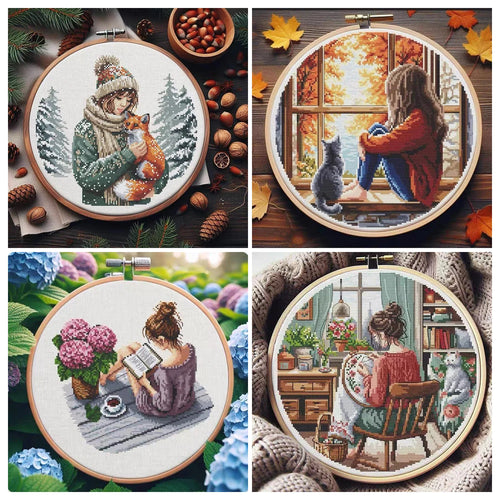 Amishop Counted Cross Stitch Kit, Winter Girl and Fox, Autumn Girl and Cat, Hydrangea, Embroidery, Reading Girl, Home Decorate by HARMONYA STORE