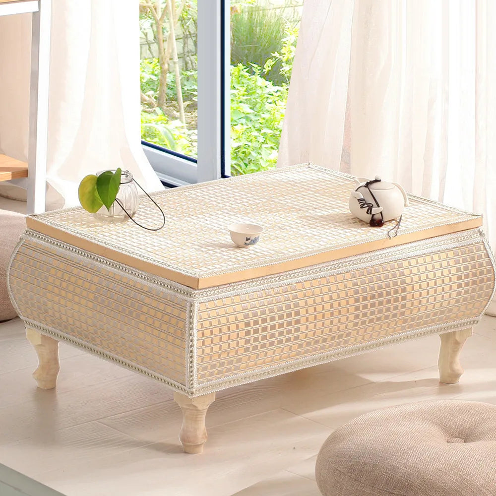 Handwoven Rattan Tatami Stand Minimalist Bay Window Tea Table Solid Wood Desk Rustic Furniture Window-Side Table by HARMONYA STORE