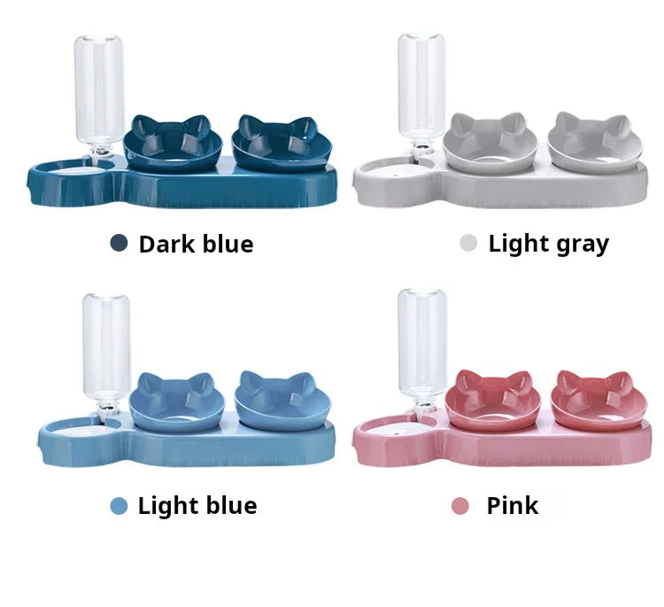 Pet Bowls With Water Feeder, 3 In 1 Ear Design Tilted Cat Water And Food Bowl Set With Gravity Water Bottle For Neck Protection by HARMONYA STORE