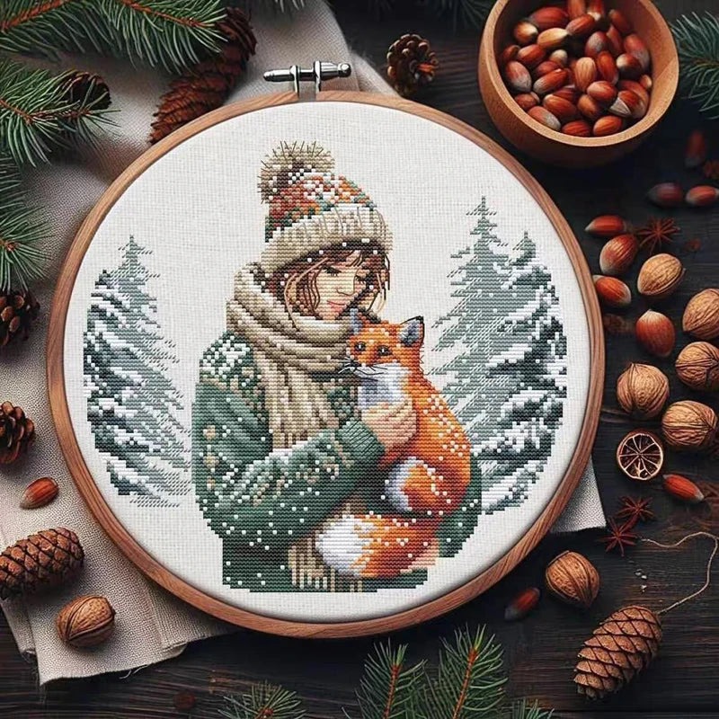 Amishop Counted Cross Stitch Kit, Winter Girl and Fox, Autumn Girl and Cat, Hydrangea, Embroidery, Reading Girl, Home Decorate by HARMONYA STORE