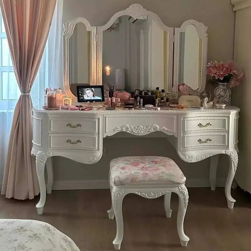 Wooden Luxury Vanity Table Dest European Hidden Glass Modern Dressing Table White Saving Makeup Tafel Furnitures For Bedroom by HARMONYA STORE