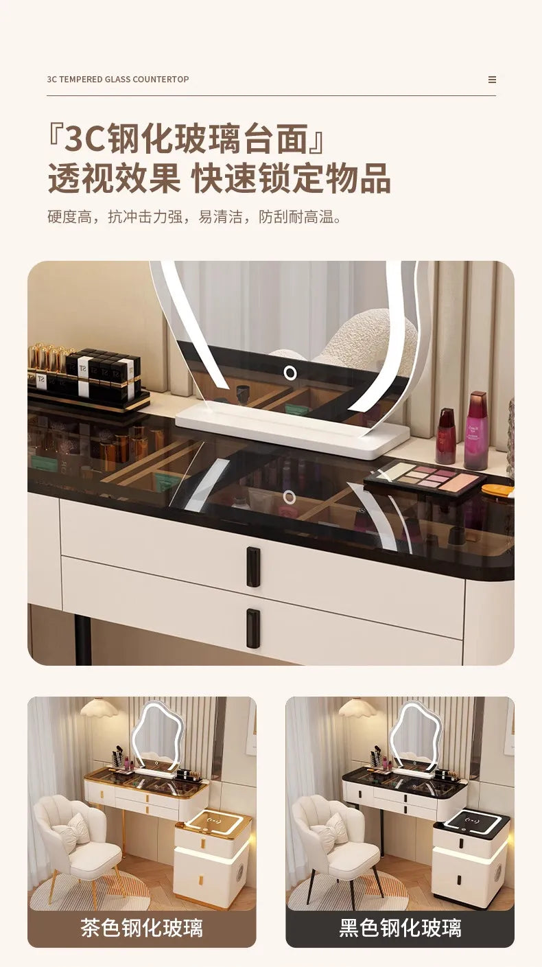 Modern Minimalist Dressing Table Woman Makeup Desk Bedroom Wireless Charging Bedside Table Mirror Stool Comfortable Furniture by HARMONYA STORE