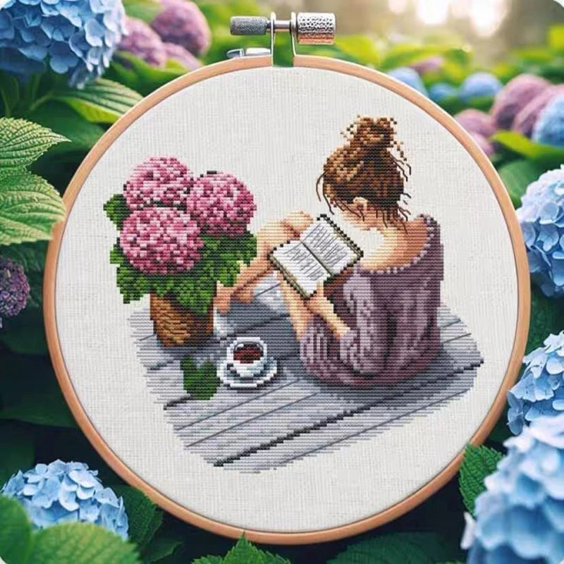 Amishop Counted Cross Stitch Kit, Winter Girl and Fox, Autumn Girl and Cat, Hydrangea, Embroidery, Reading Girl, Home Decorate by HARMONYA STORE