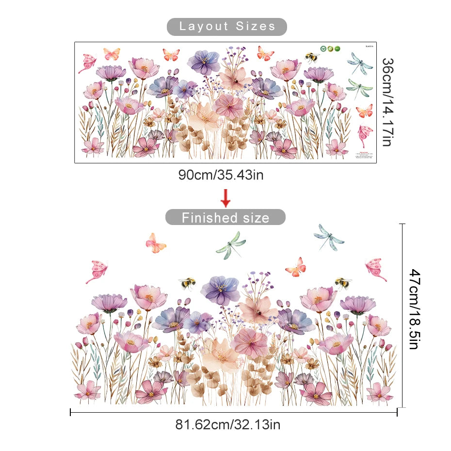Painted flowers butterfly bee Wall Sticker Living Room Girls Background Decal Mural Bedroom Living Home Decor Self-adhesive by HARMONYA STORE