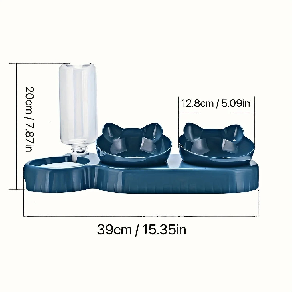 Pet Bowls With Water Feeder, 3 In 1 Ear Design Tilted Cat Water And Food Bowl Set With Gravity Water Bottle For Neck Protection by HARMONYA STORE