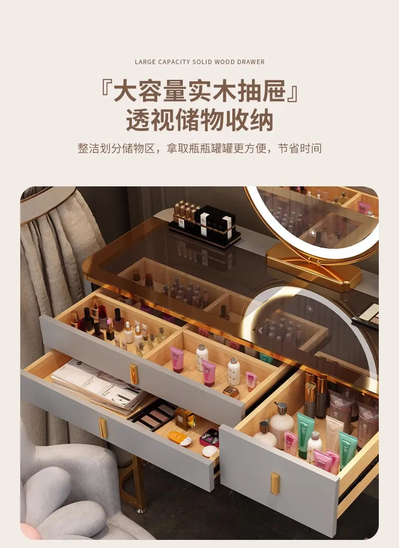 Modern Minimalist Dressing Table Woman Makeup Desk Bedroom Wireless Charging Bedside Table Mirror Stool Comfortable Furniture by HARMONYA STORE