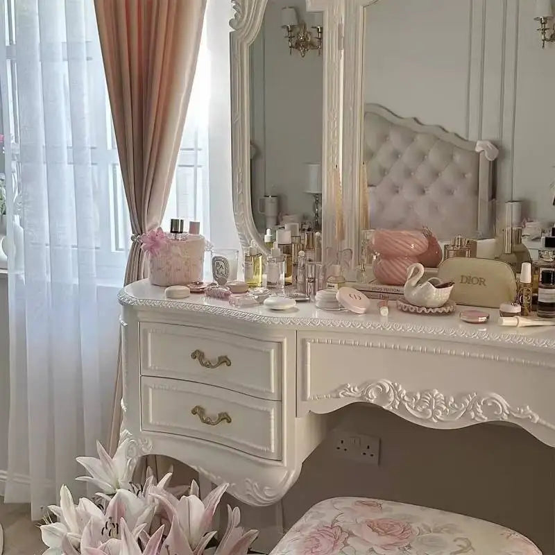 Wooden Luxury Vanity Table Dest European Hidden Glass Modern Dressing Table White Saving Makeup Tafel Furnitures For Bedroom by HARMONYA STORE