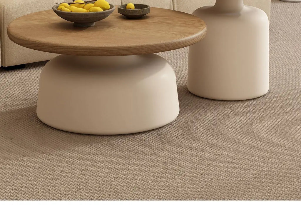 Table Wood Modern Minimalist Round Edge Design Curved White Base Creamy Milk Tea Small Space coffee tables luxury coffee table by HARMONYA STORE