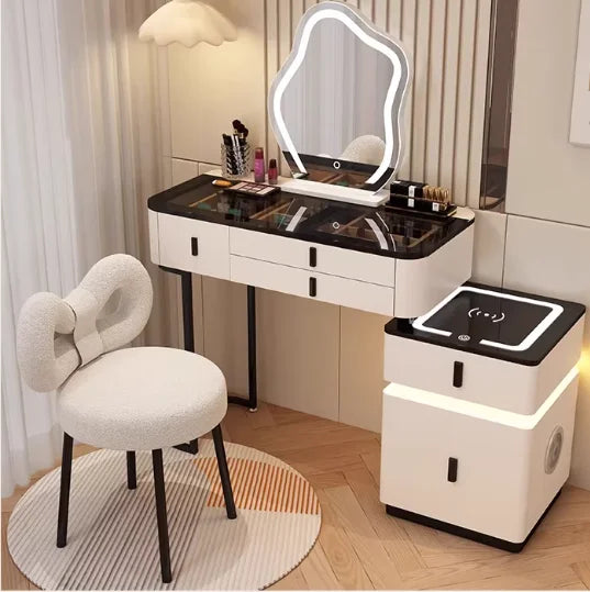 Modern Minimalist Dressing Table Woman Makeup Desk Bedroom Wireless Charging Bedside Table Mirror Stool Comfortable Furniture by HARMONYA STORE