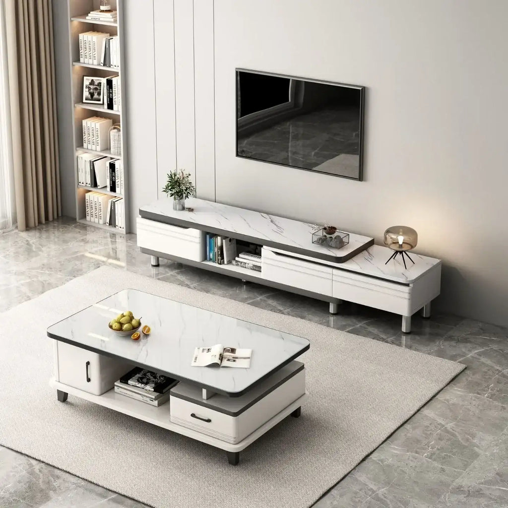 Modern LED TV Stand for Televisions Up Coffee Table Glass Shelves and Drawer Gaming Entertainment Center with Multiple Cabinet by DSERS