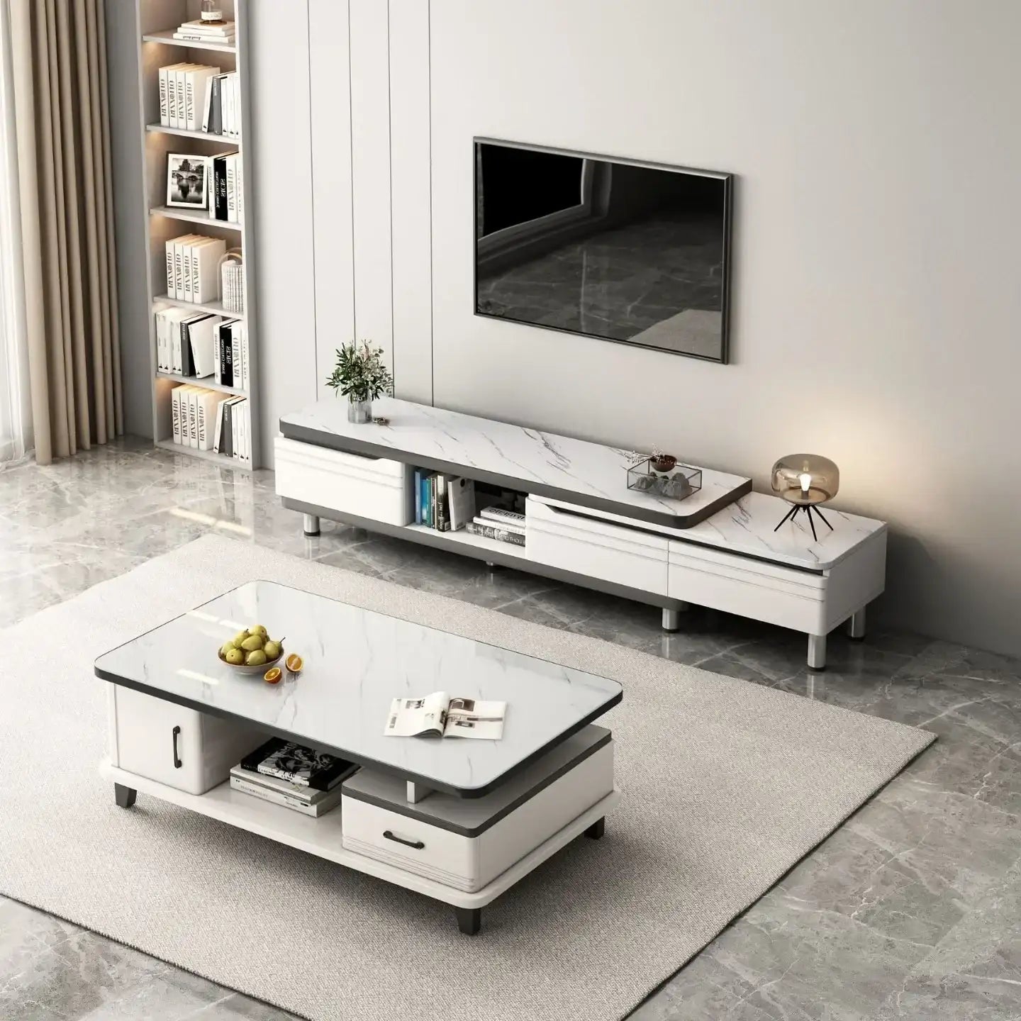 Modern LED TV Stand for Televisions Up Coffee Table Glass Shelves and Drawer Gaming Entertainment Center with Multiple Cabinet by DSERS