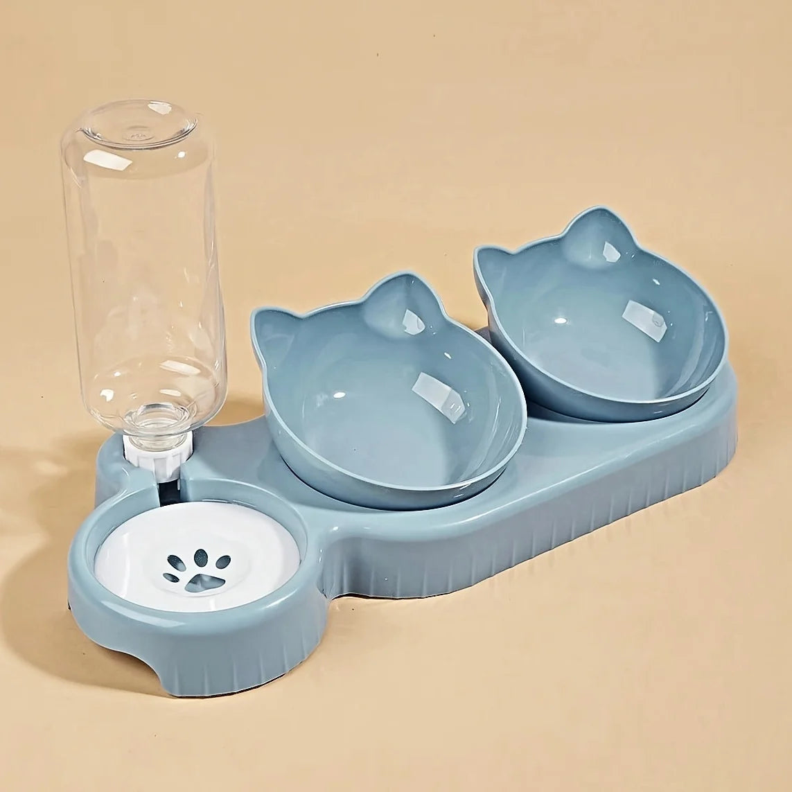Pet Bowls With Water Feeder, 3 In 1 Ear Design Tilted Cat Water And Food Bowl Set With Gravity Water Bottle For Neck Protection by HARMONYA STORE