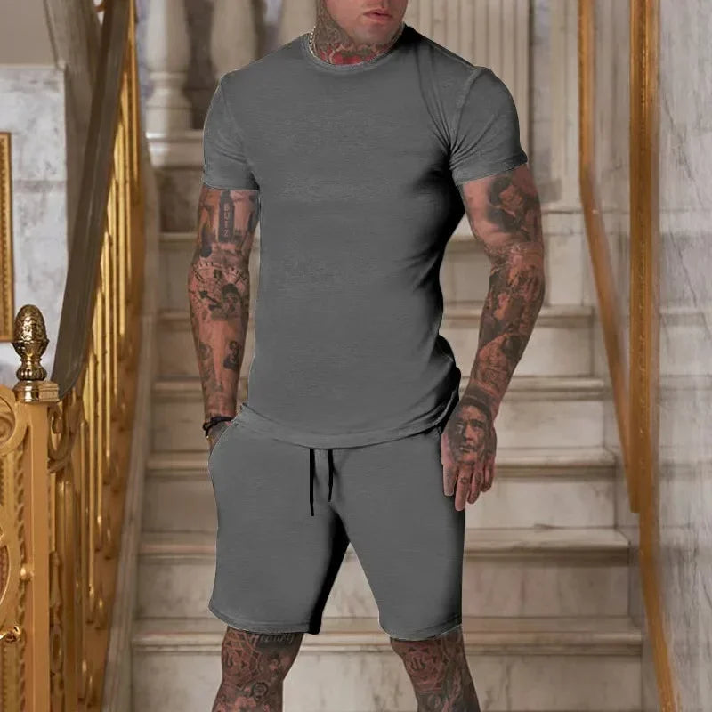 2025 summer new men's breathable sportswear short sleeved t-shirt and shorts set popular quick drying clothing by HARMONYA STORE