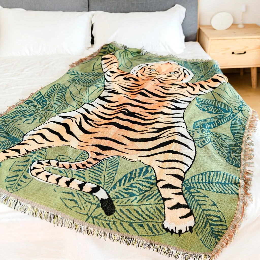Textile City Jungle Green Tiger Throw Blanket Tropical Palm Leaf Woven Tapestry Wild Animal Safari Decorative Sofa Throw Blanket by HARMONYA STORE