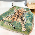 Textile City Jungle Green Tiger Throw Blanket Tropical Palm Leaf Woven Tapestry Wild Animal Safari Decorative Sofa Throw Blanket by HARMONYA STORE