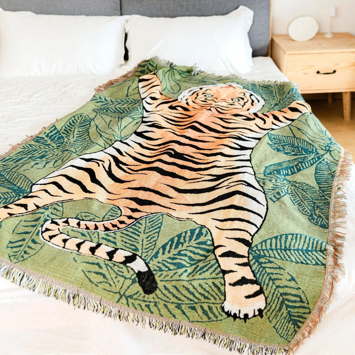 Textile City Jungle Green Tiger Throw Blanket Tropical Palm Leaf Woven Tapestry Wild Animal Safari Decorative Sofa Throw Blanket by HARMONYA STORE