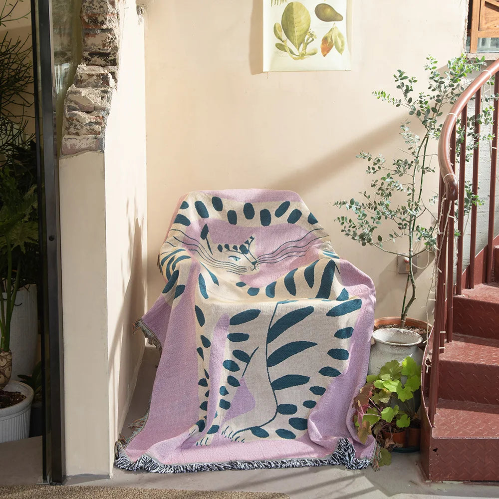 Boho Abstract Cat Jacquard Throw Blanket Artistic Leopard Print Woven Tapestry with Fringe Bohemian Animal Print Decor Throw by HARMONYA STORE