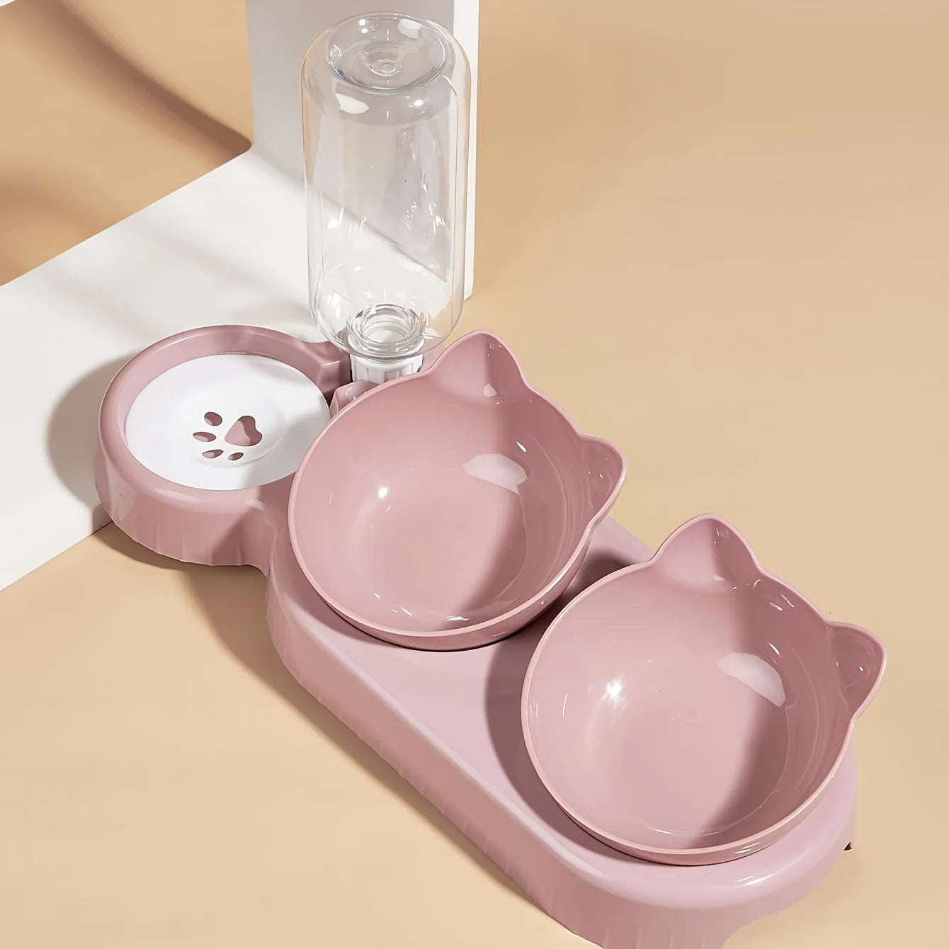Pet Bowls With Water Feeder, 3 In 1 Ear Design Tilted Cat Water And Food Bowl Set With Gravity Water Bottle For Neck Protection by HARMONYA STORE
