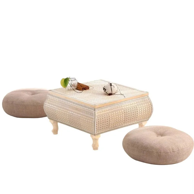 Handwoven Rattan Tatami Stand Minimalist Bay Window Tea Table Solid Wood Desk Rustic Furniture Window-Side Table by HARMONYA STORE