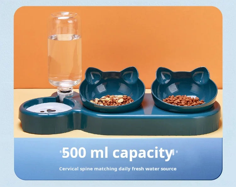 Pet Bowls With Water Feeder, 3 In 1 Ear Design Tilted Cat Water And Food Bowl Set With Gravity Water Bottle For Neck Protection by HARMONYA STORE