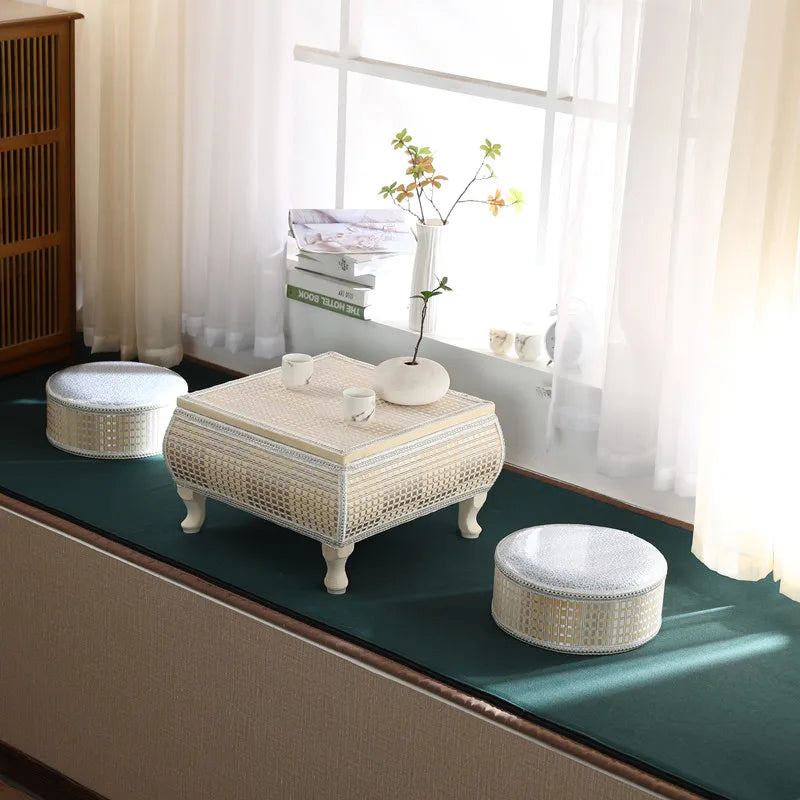 Handwoven Rattan Tatami Stand Minimalist Bay Window Tea Table Solid Wood Desk Rustic Furniture Window-Side Table by HARMONYA STORE