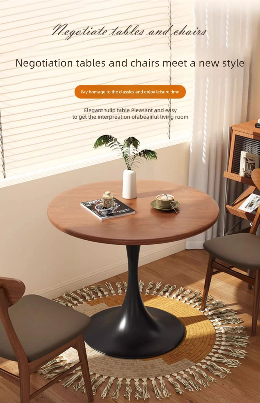 Modern tulip round table, household wooden dining table, negotiation tea table, coffee round table, carbon steel metal base by HARMONYA STORE