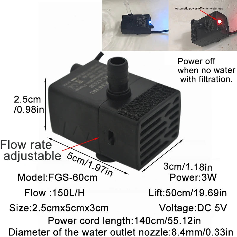 Ultra Quiet USB Aquarium Fish Tank Filtration Pump Mini Pet Fountain Submersible Adjustable Flow Water Circulation Pump 5V 5W by HARMONYA STORE