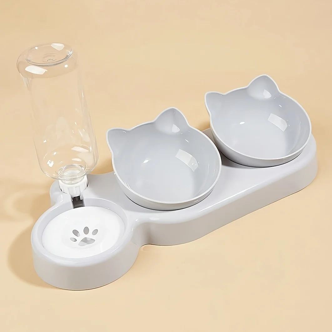 Pet Bowls With Water Feeder, 3 In 1 Ear Design Tilted Cat Water And Food Bowl Set With Gravity Water Bottle For Neck Protection by HARMONYA STORE