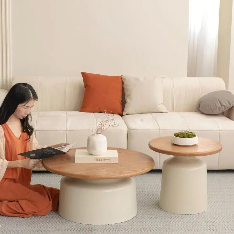 Table Wood Modern Minimalist Round Edge Design Curved White Base Creamy Milk Tea Small Space coffee tables luxury coffee table by HARMONYA STORE