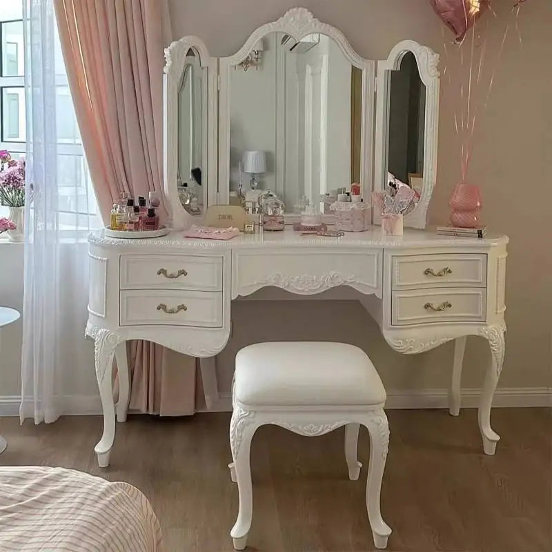 Wooden Luxury Vanity Table Dest European Hidden Glass Modern Dressing Table White Saving Makeup Tafel Furnitures For Bedroom by HARMONYA STORE