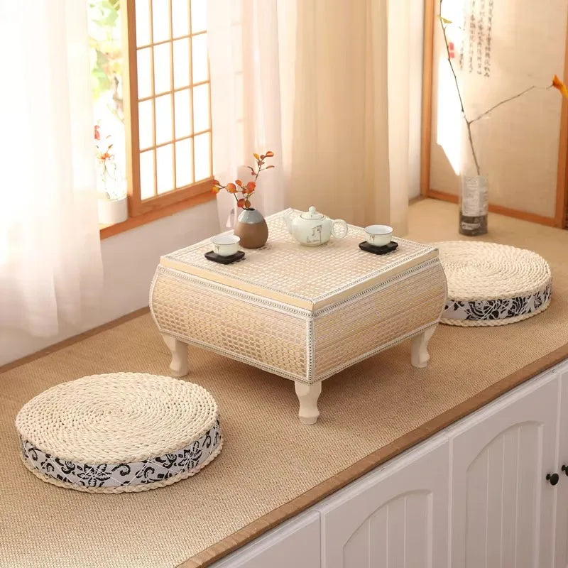 Handwoven Rattan Tatami Stand Minimalist Bay Window Tea Table Solid Wood Desk Rustic Furniture Window-Side Table by HARMONYA STORE