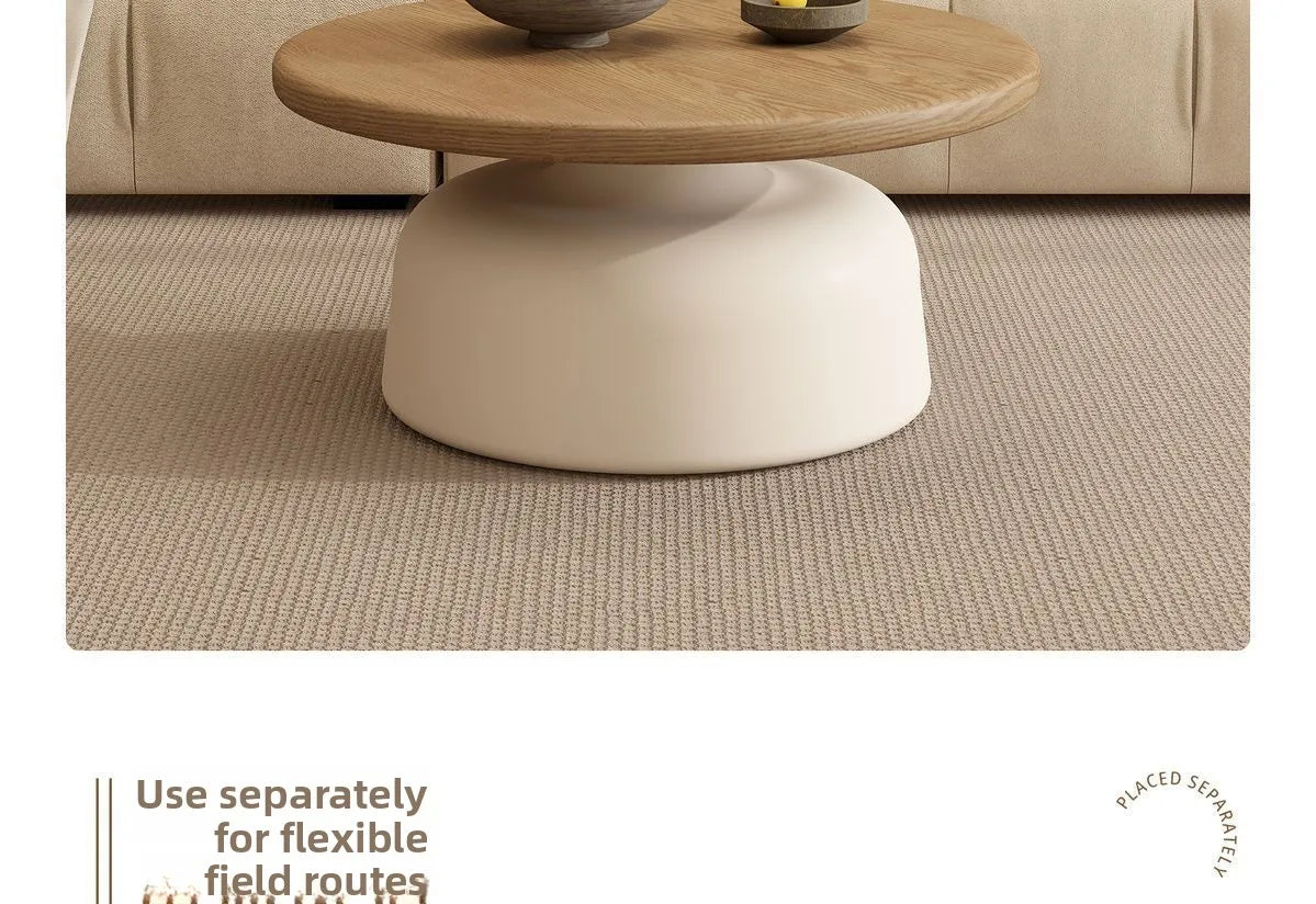 Table Wood Modern Minimalist Round Edge Design Curved White Base Creamy Milk Tea Small Space coffee tables luxury coffee table by HARMONYA STORE