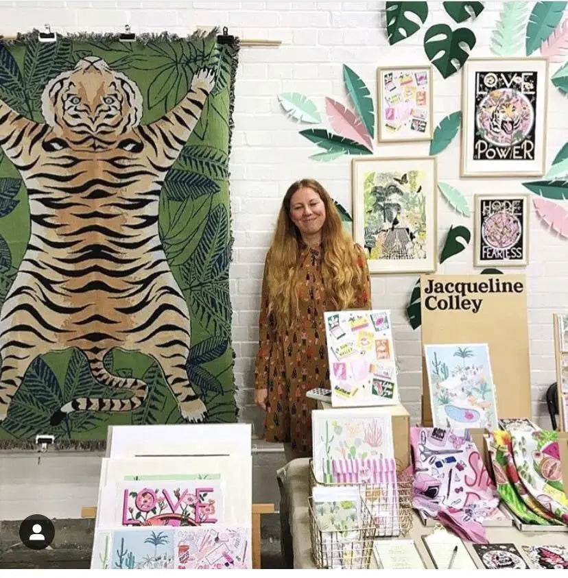 Textile City Jungle Green Tiger Throw Blanket Tropical Palm Leaf Woven Tapestry Wild Animal Safari Decorative Sofa Throw Blanket by HARMONYA STORE