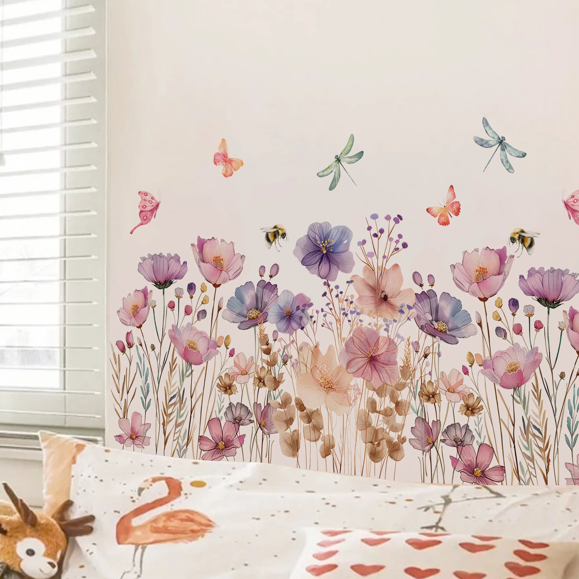 Painted flowers butterfly bee Wall Sticker Living Room Girls Background Decal Mural Bedroom Living Home Decor Self-adhesive by HARMONYA STORE