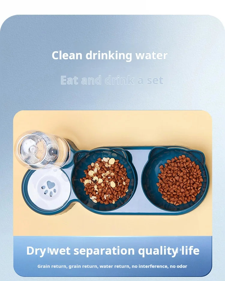 Pet Bowls With Water Feeder, 3 In 1 Ear Design Tilted Cat Water And Food Bowl Set With Gravity Water Bottle For Neck Protection by HARMONYA STORE
