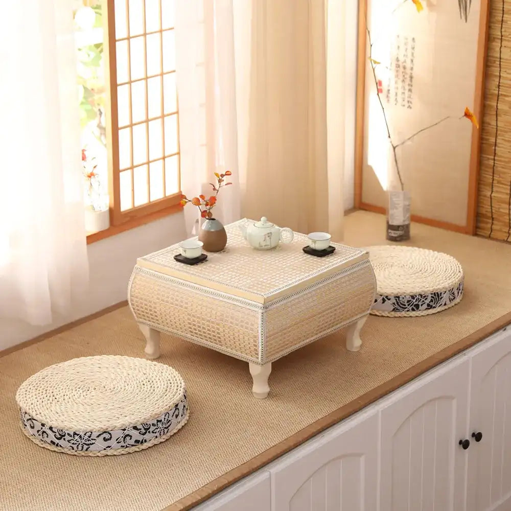 Handwoven Rattan Tatami Stand Minimalist Bay Window Tea Table Solid Wood Desk Rustic Furniture Window-Side Table by DSERS