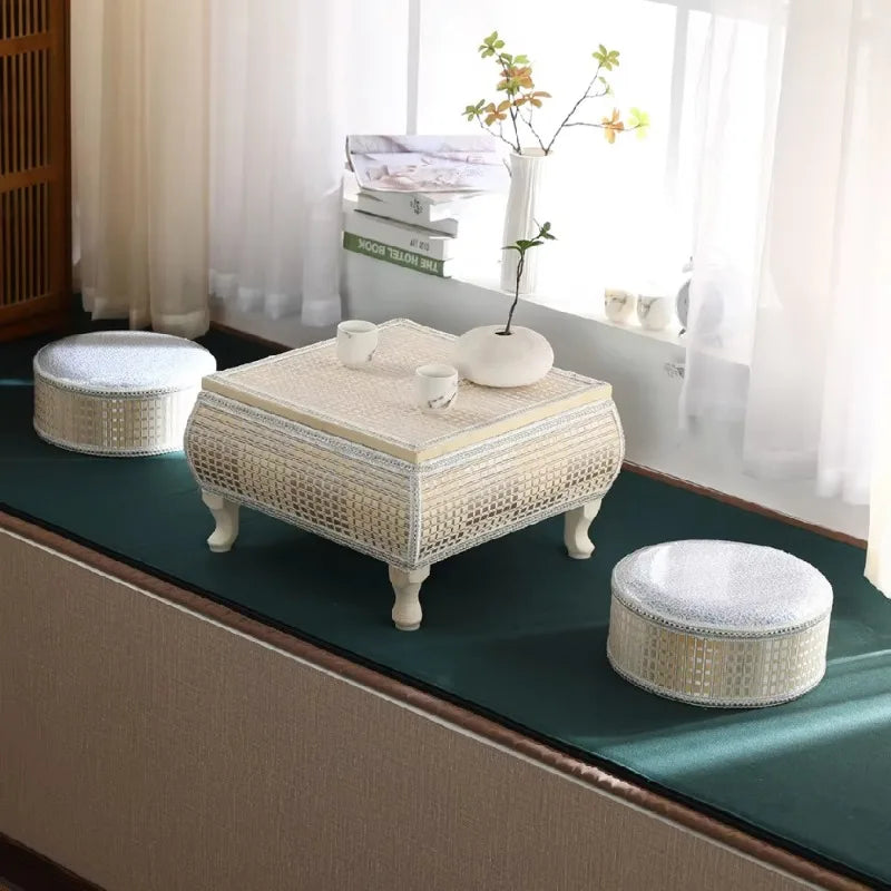 Handwoven Rattan Tatami Stand Minimalist Bay Window Tea Table Solid Wood Desk Rustic Furniture Window-Side Table by HARMONYA STORE