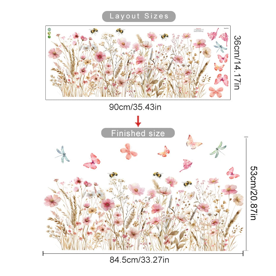 Painted flowers butterfly bee Wall Sticker Living Room Girls Background Decal Mural Bedroom Living Home Decor Self-adhesive by HARMONYA STORE