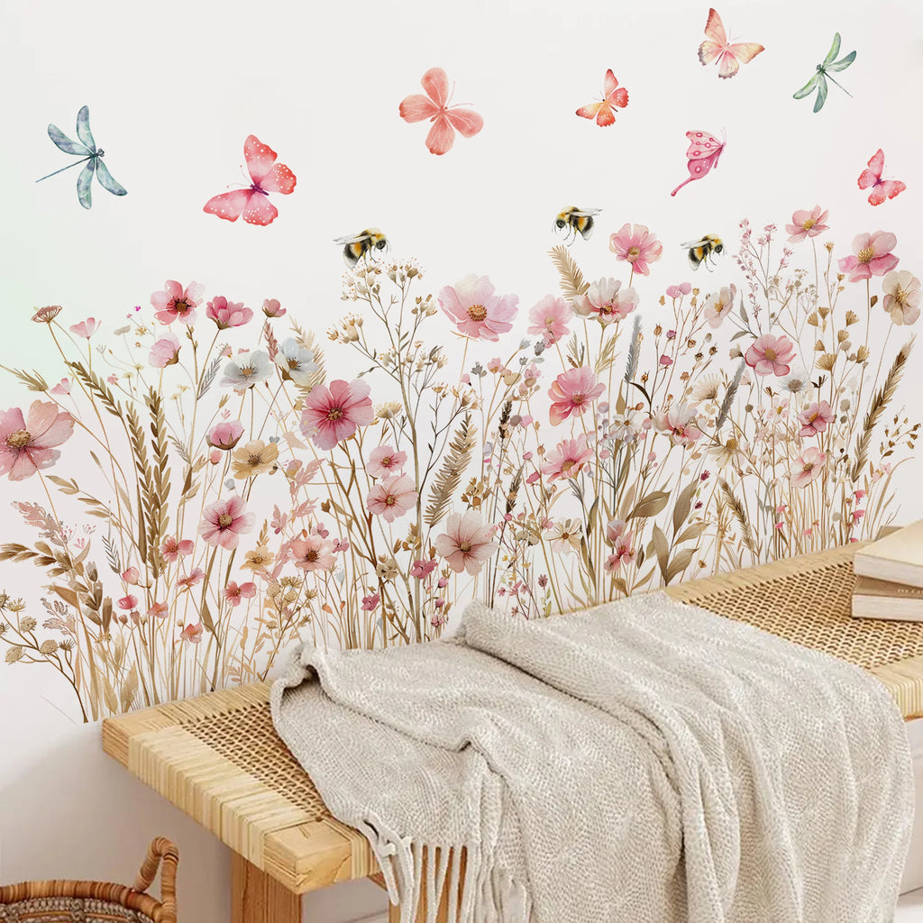 Painted flowers butterfly bee Wall Sticker Living Room Girls Background Decal Mural Bedroom Living Home Decor Self-adhesive by HARMONYA STORE
